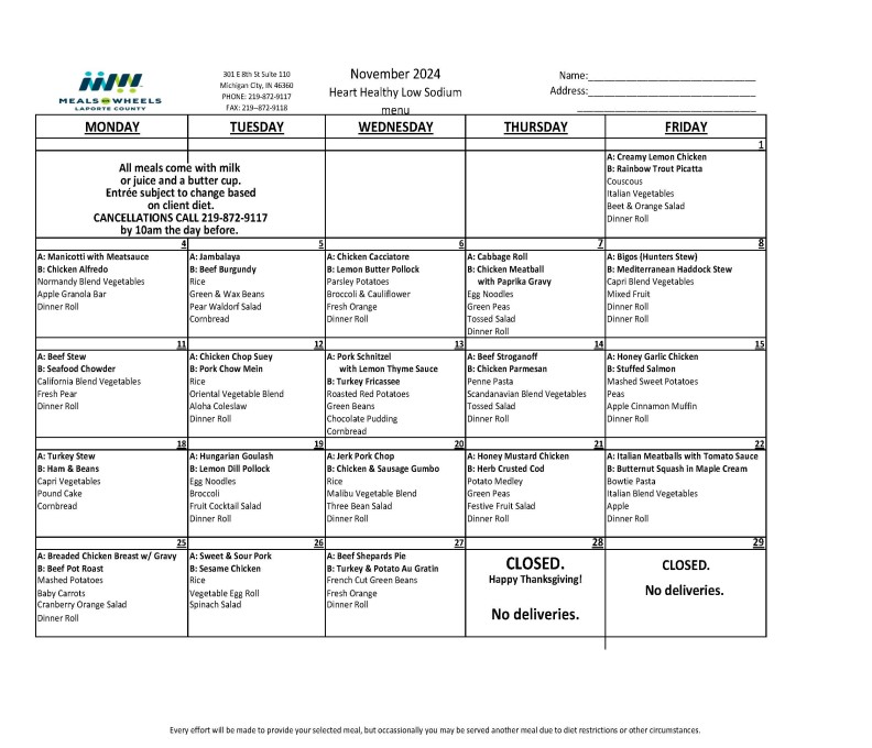 NOVEMBER MENU