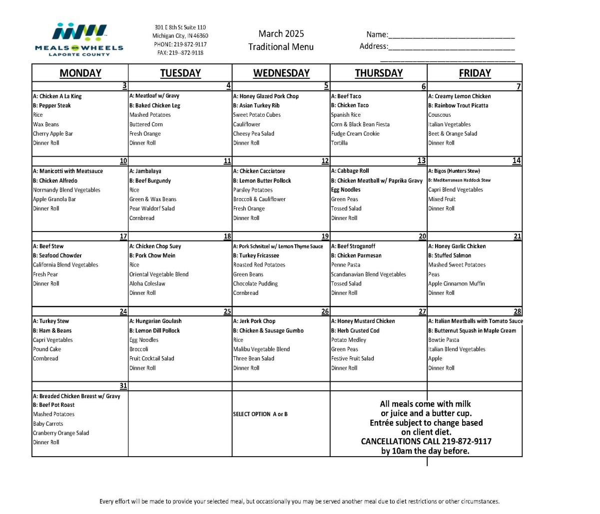 march menu