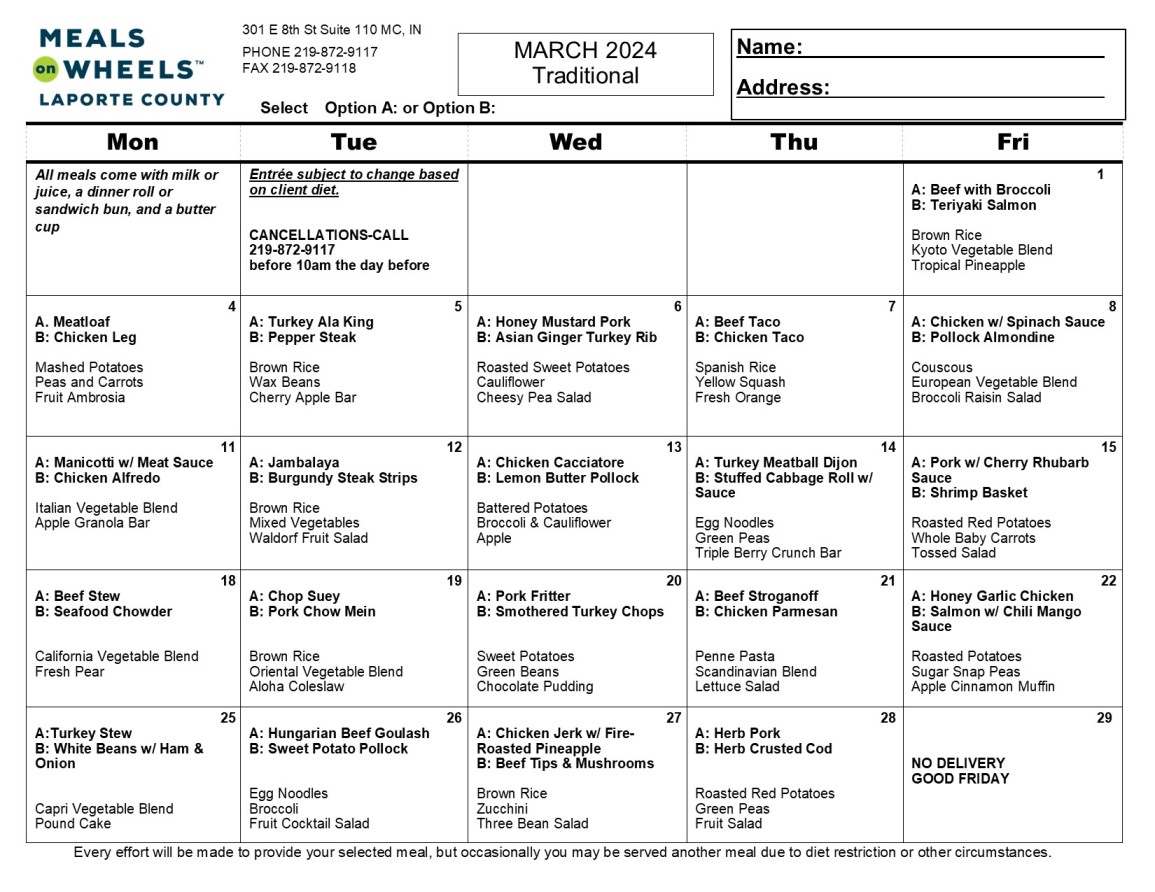 Meal Menu | LaPorte County Meals on Wheels