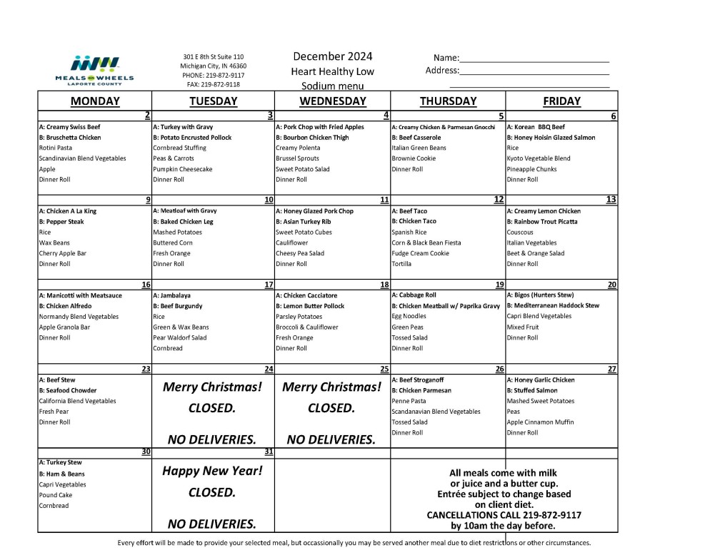 December menu