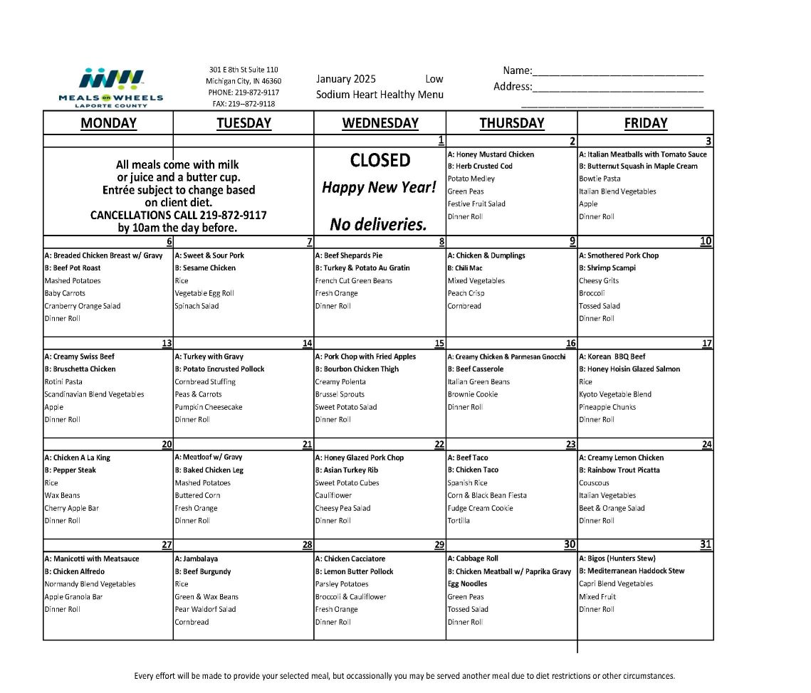 January menu